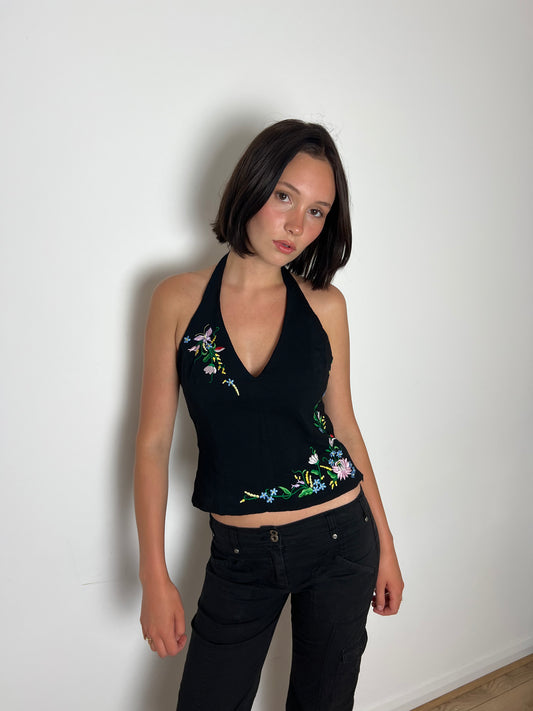 Oasis black floral halter top, M