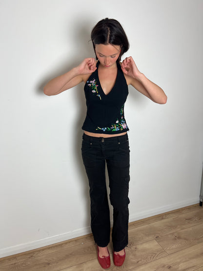 Oasis black floral halter top, M