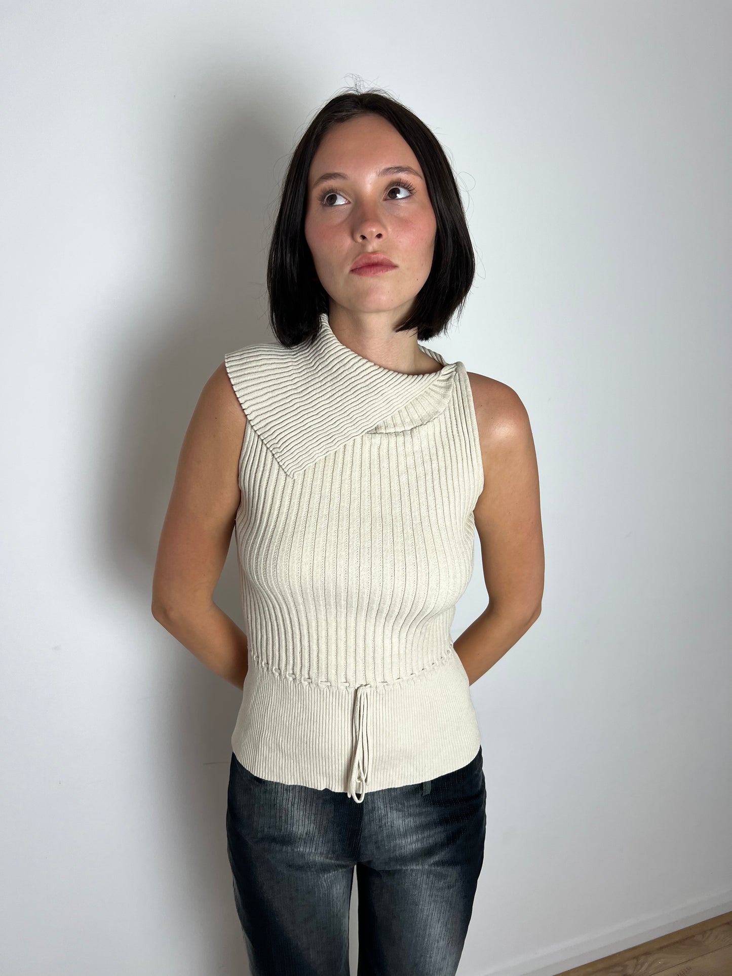 Vila ribbed fold over sleeveless top, S