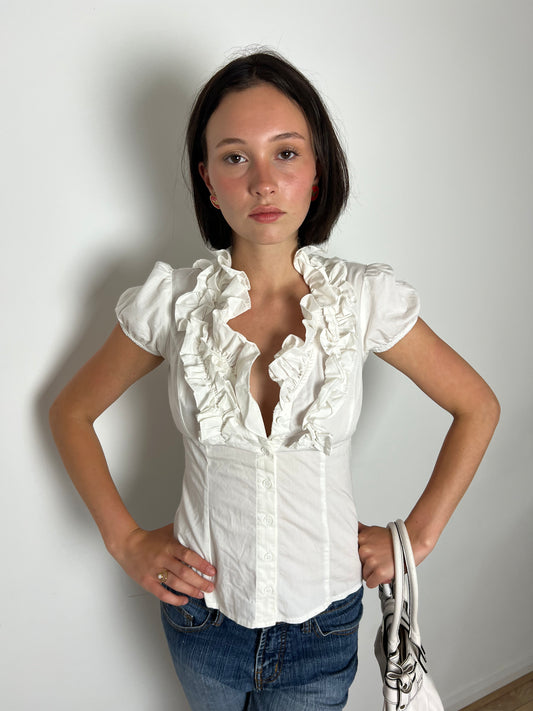 Vintage white ruffle blouse, S