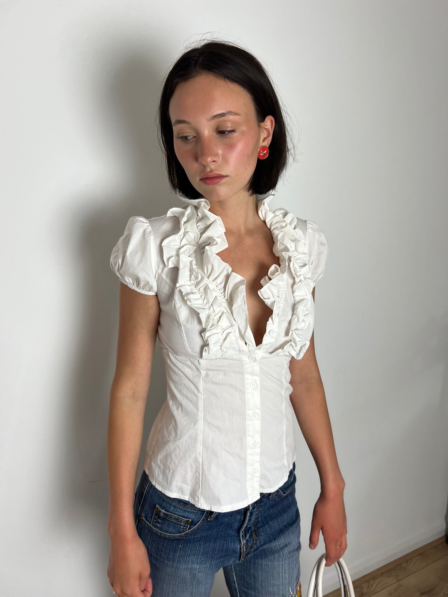 Vintage white ruffle blouse, S