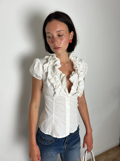 Vintage white ruffle blouse, S