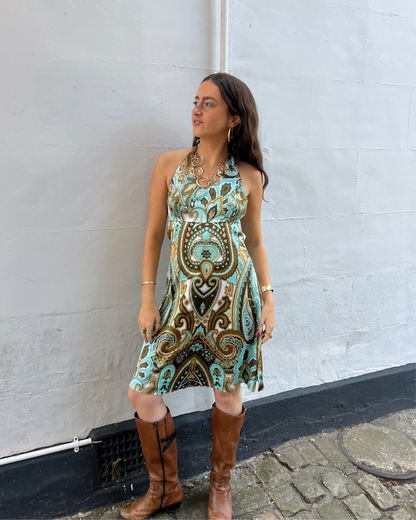 Blue and brown paisley print midi dress
