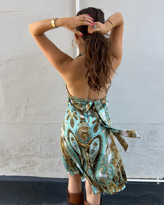 Blue and brown paisley print midi dress