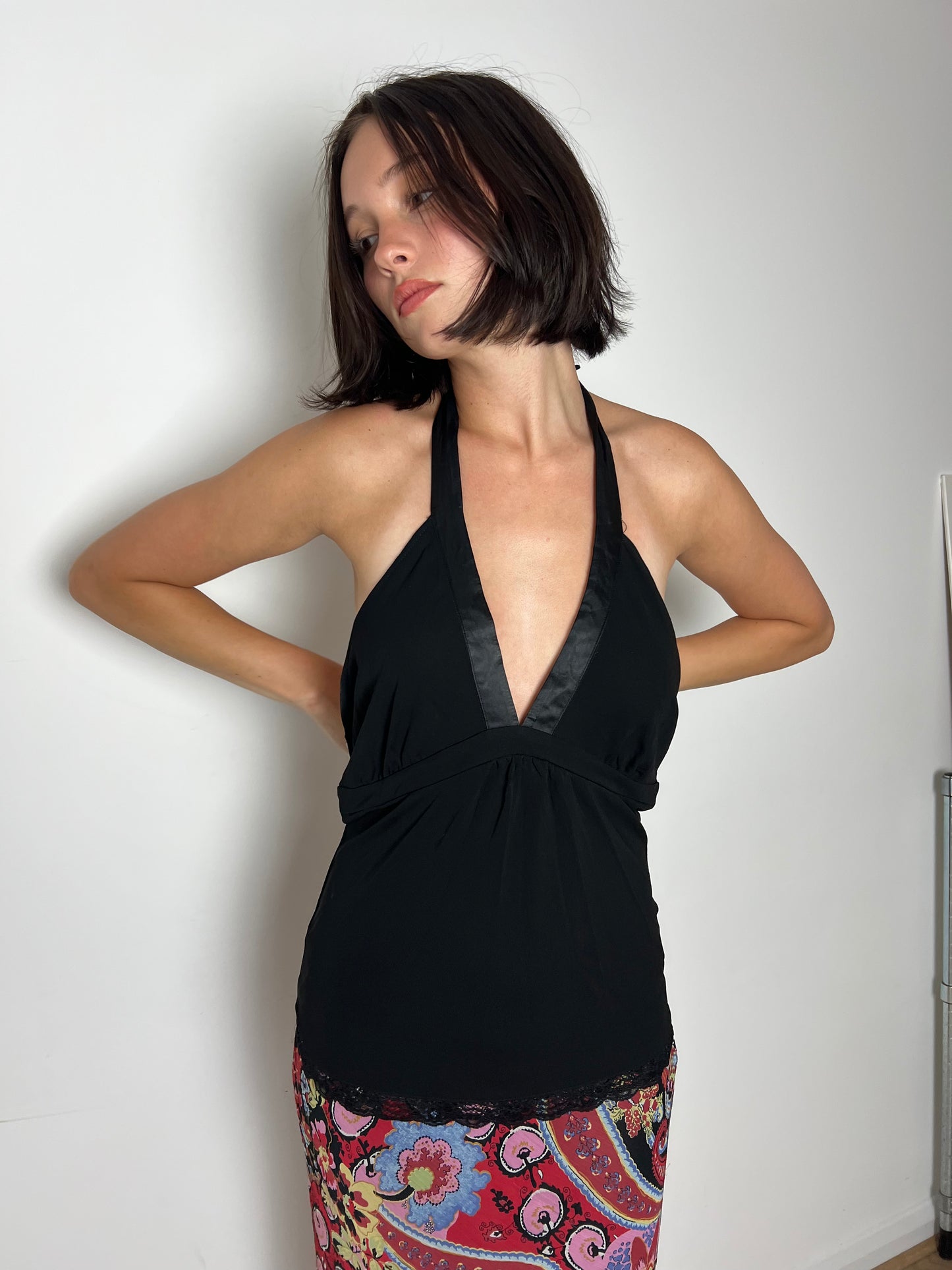 Vintage black lace trim cami top, M