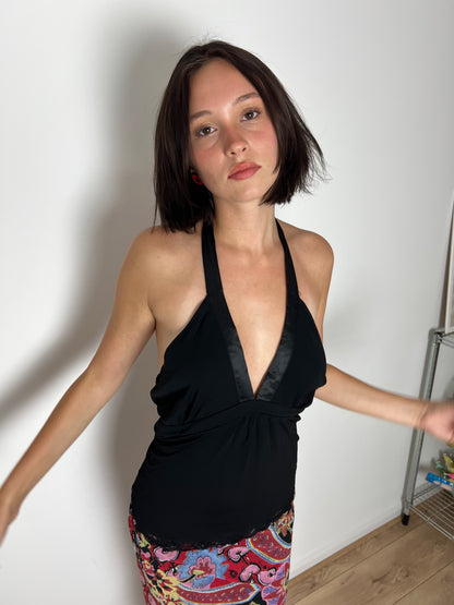Vintage black lace trim cami top, M