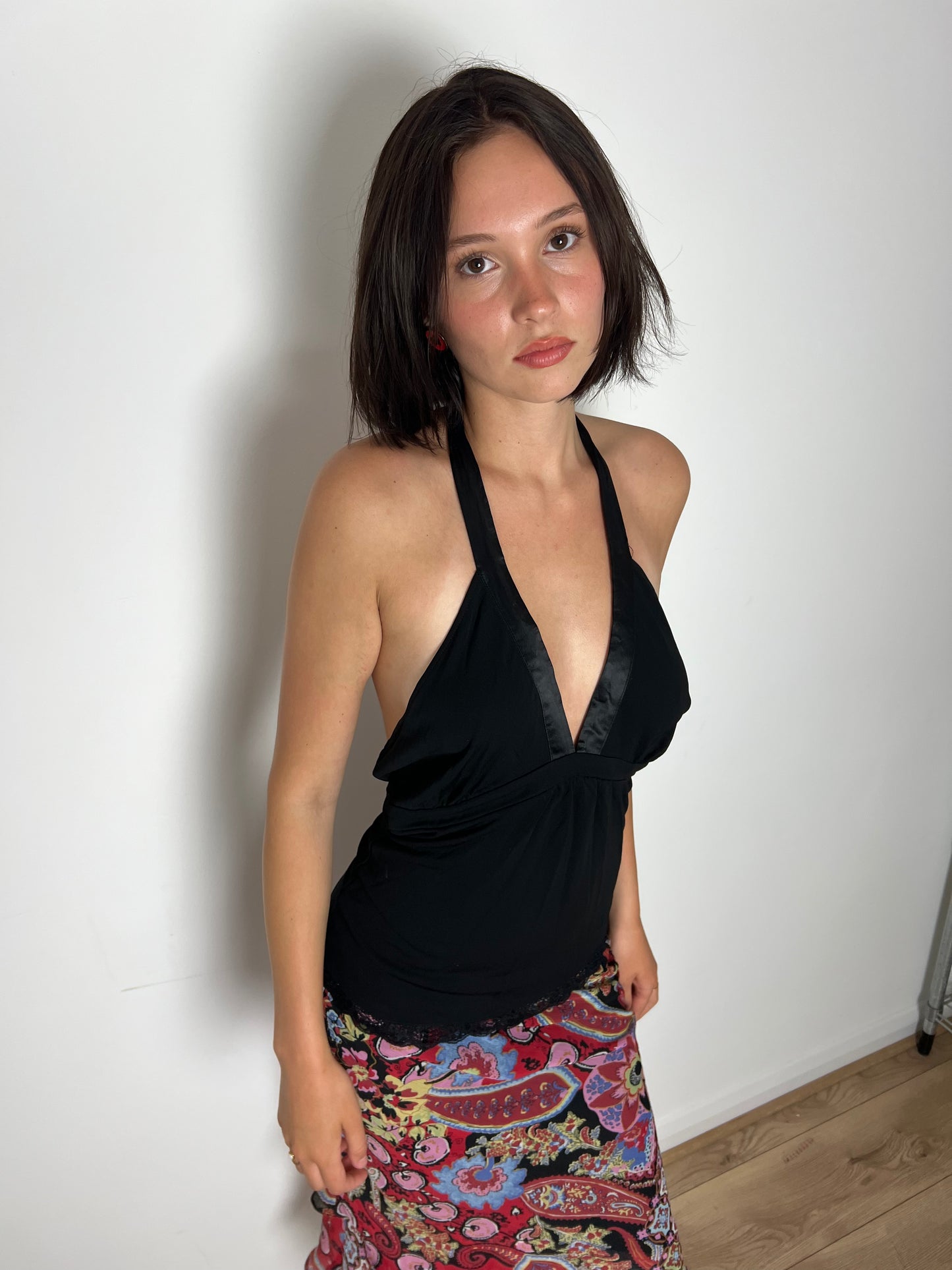 Vintage black lace trim cami top, M