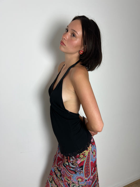 Vintage black lace trim cami top, M