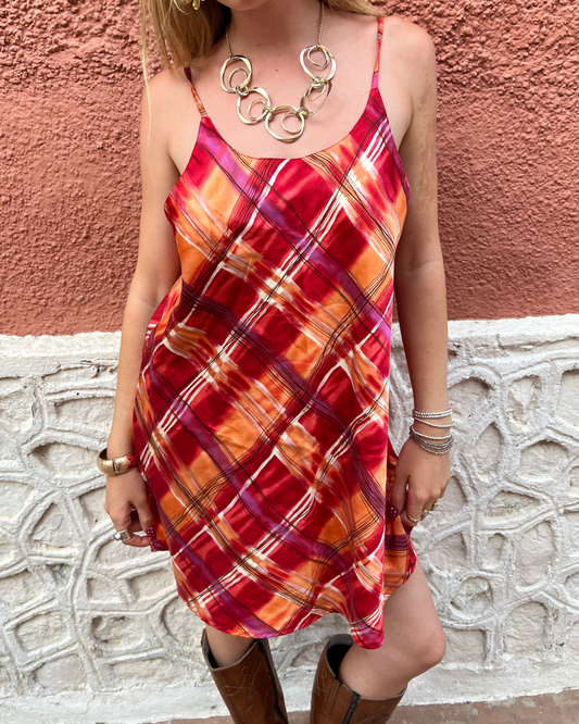Pink and orange plaid midi dress