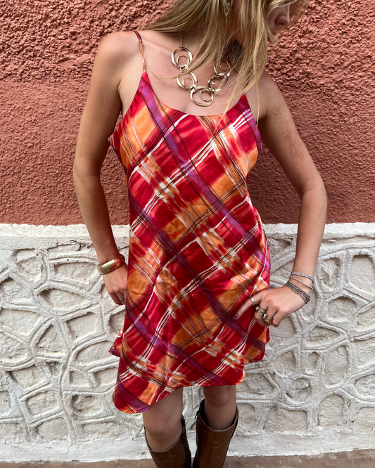 Pink and orange plaid midi dress