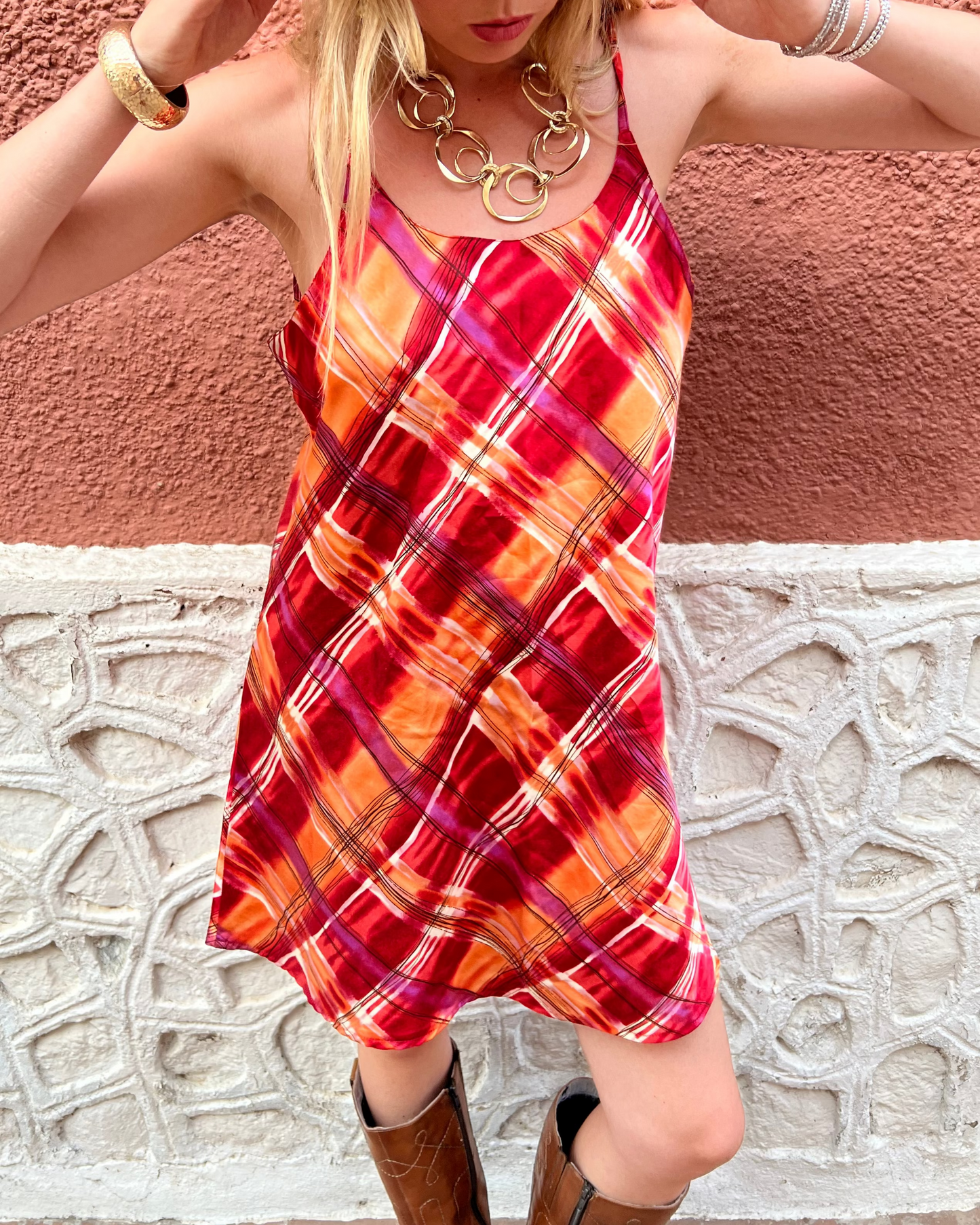 Pink and orange plaid midi dress