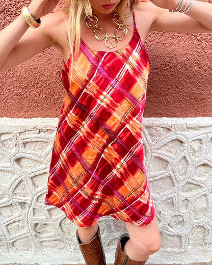 Pink and orange plaid midi dress