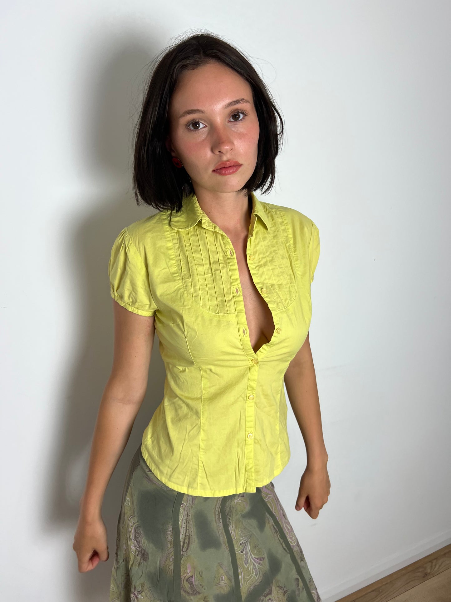 Vintage yellow button up blouse, M