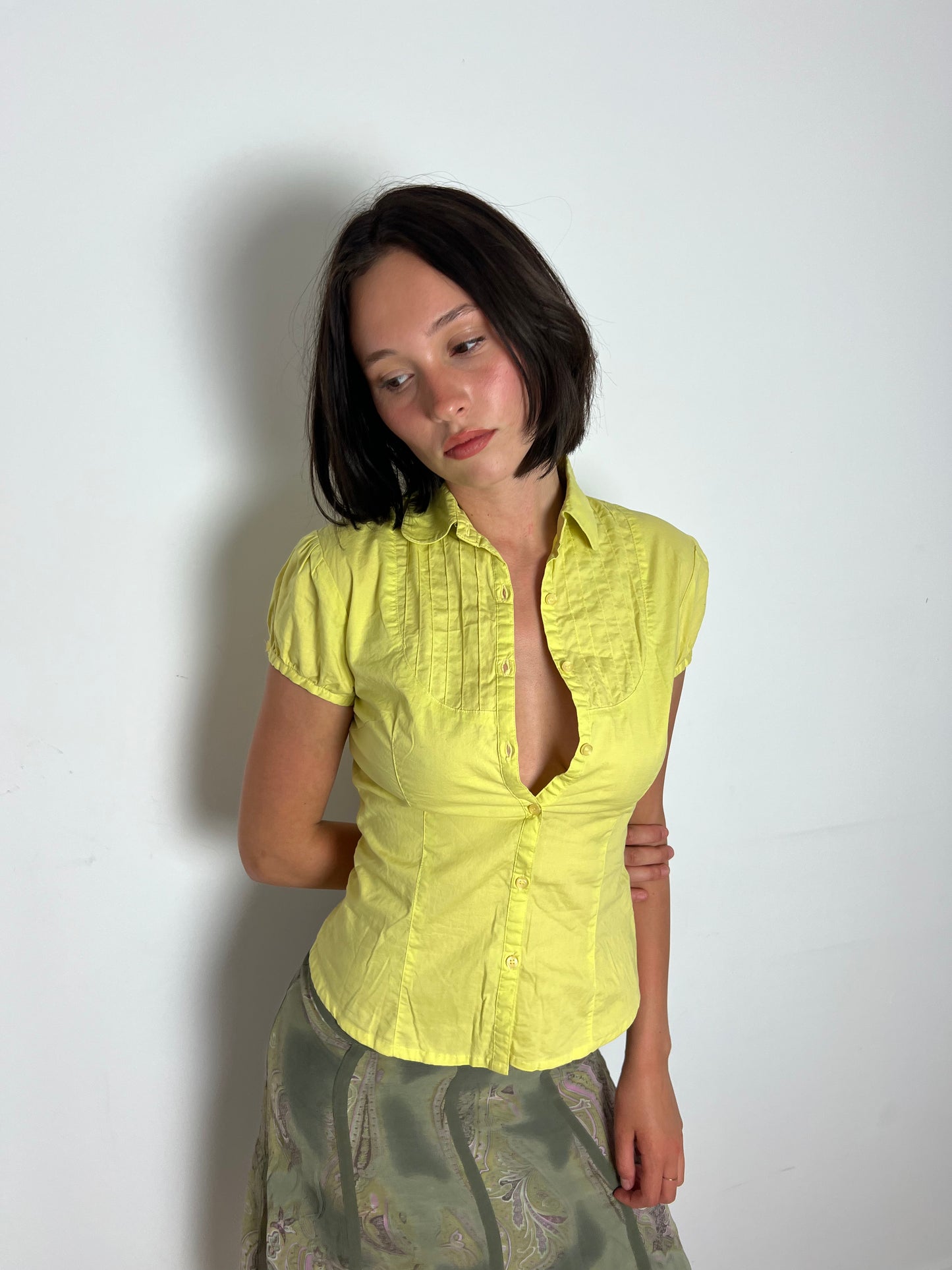 Vintage yellow button up blouse, M