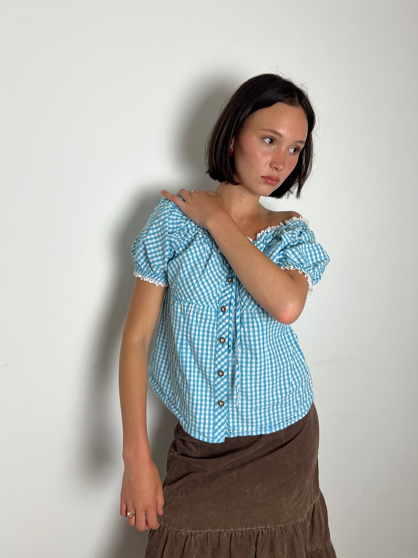 Vintage gingham milkmaid top, M