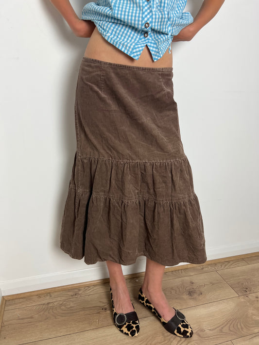 Vintage brown corduroy tiered skirt, M