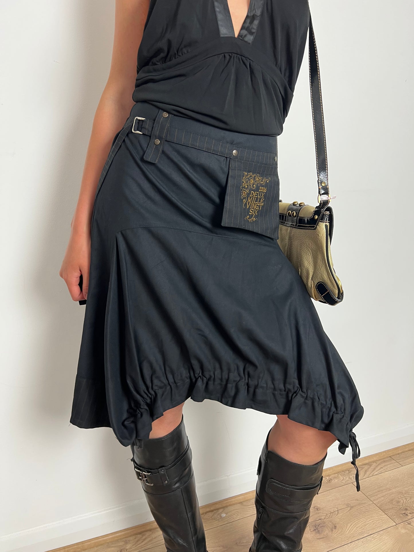 Deux Mille Vingt Six black asymmetrical bubble skirt, XS/S