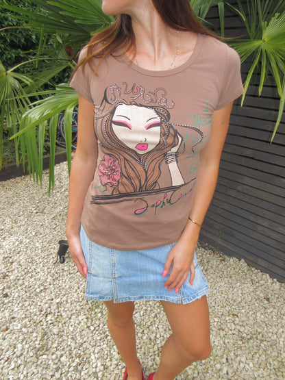 brown studded graphic tee, S
