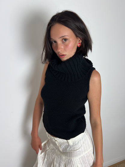Vintage black turtleneck sleeveless knit, S