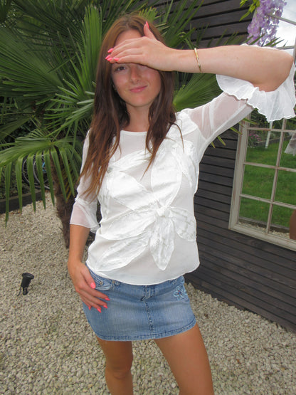 sheer white floral top, S