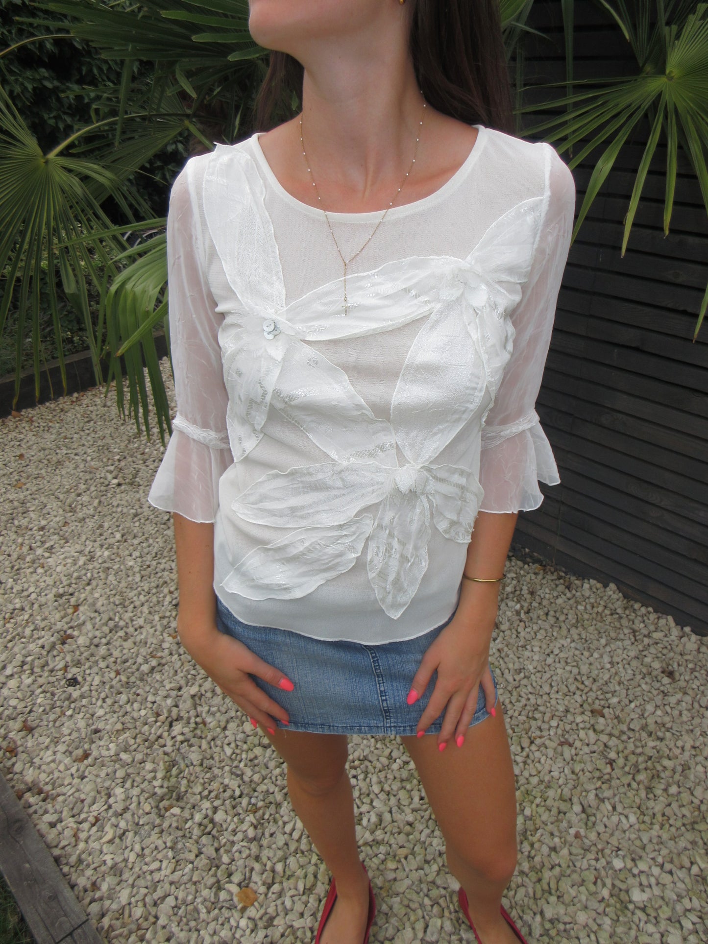 sheer white floral top, S