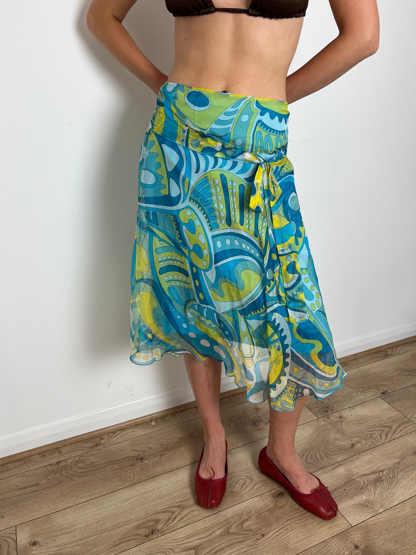 Vintage blue paisley print silk skirt, M