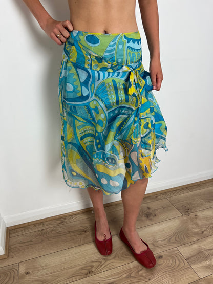 Vintage blue paisley print silk skirt, M