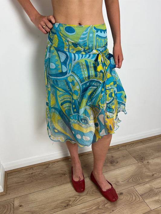 Vintage blue paisley print silk skirt, M