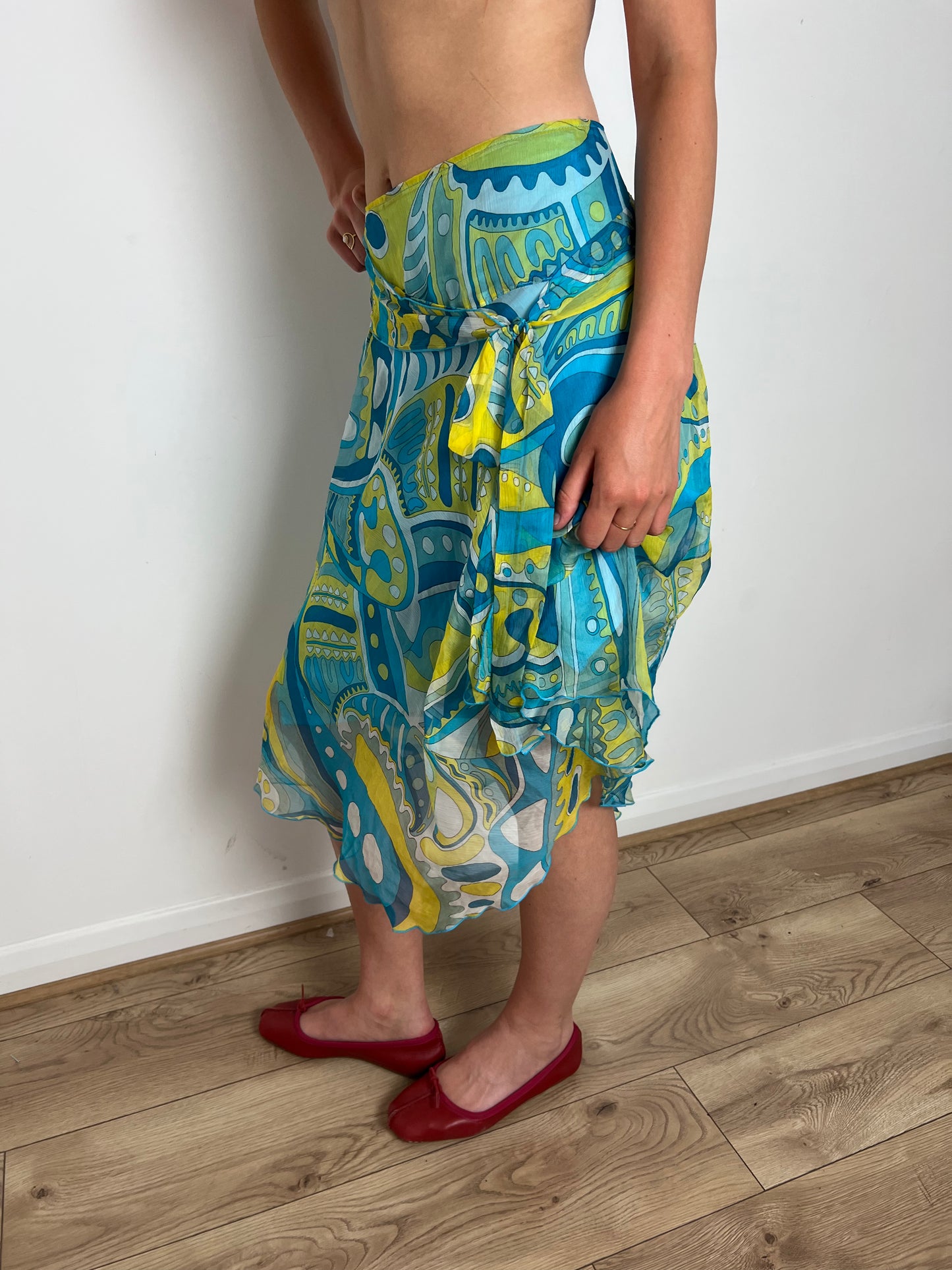 Vintage blue paisley print silk skirt, M