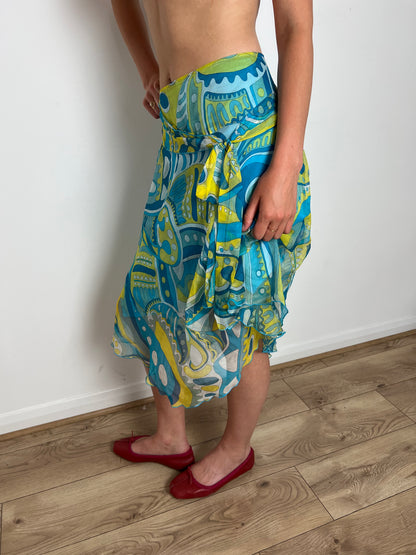 Vintage blue paisley print silk skirt, M
