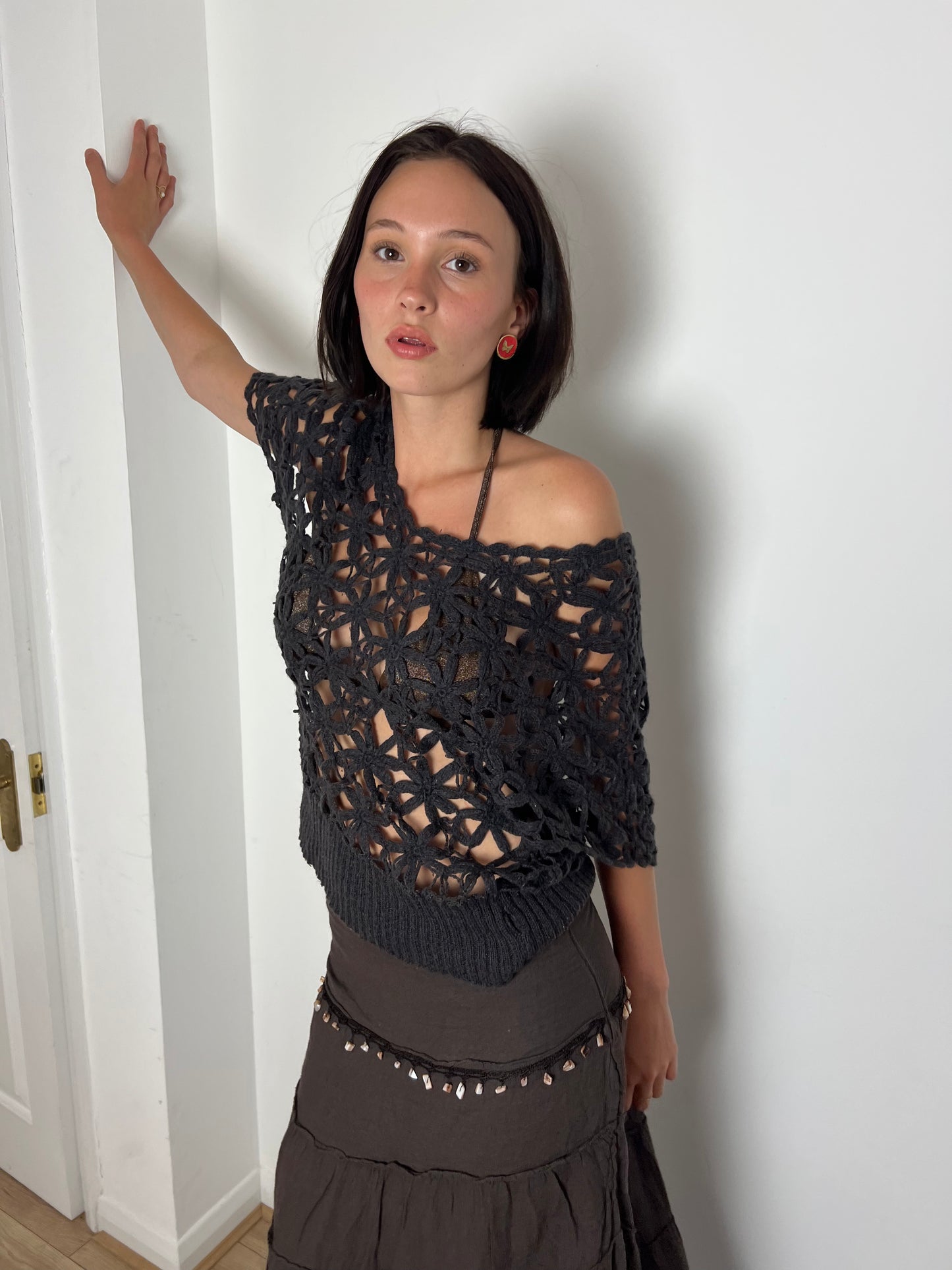 Vintage brown floral crochet top