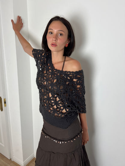 Vintage brown floral crochet top