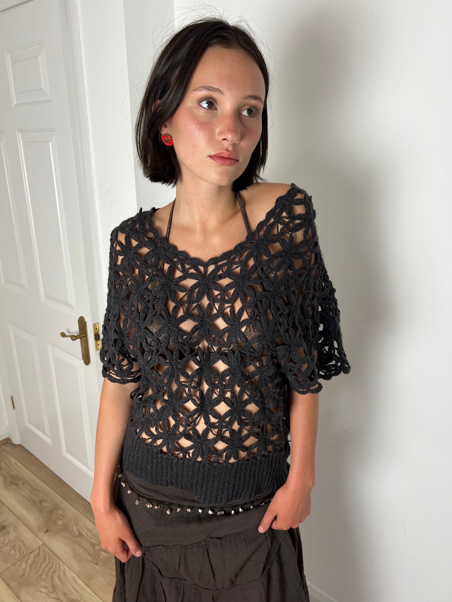 Vintage brown floral crochet top
