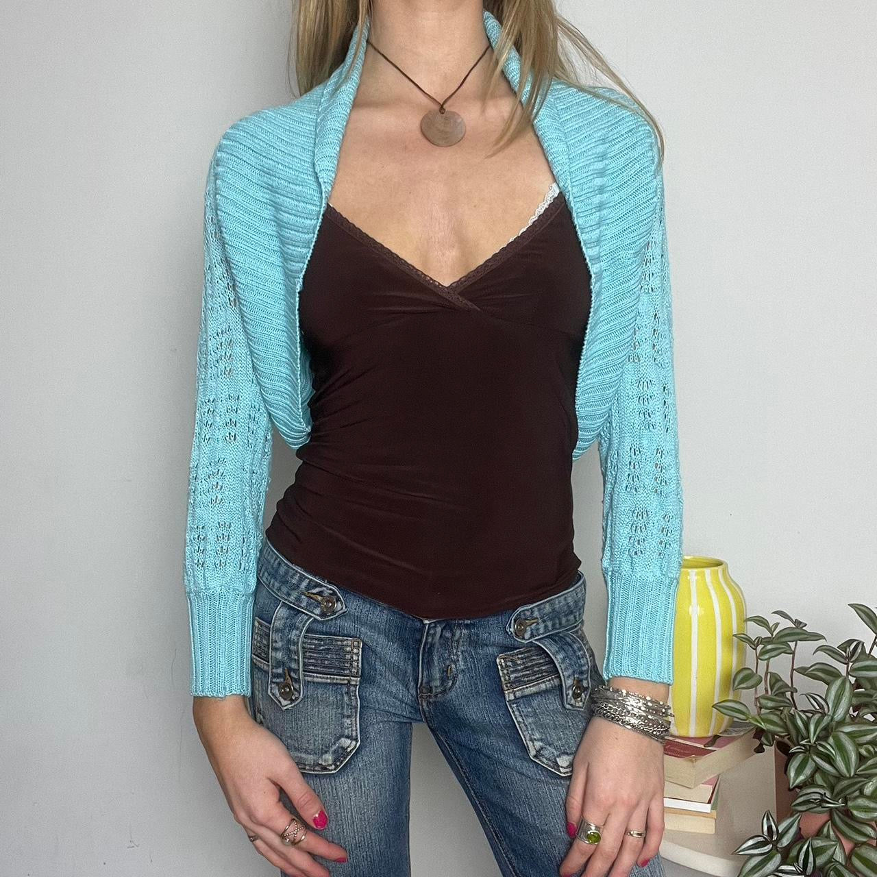 vintage 00s blue crochet bolero