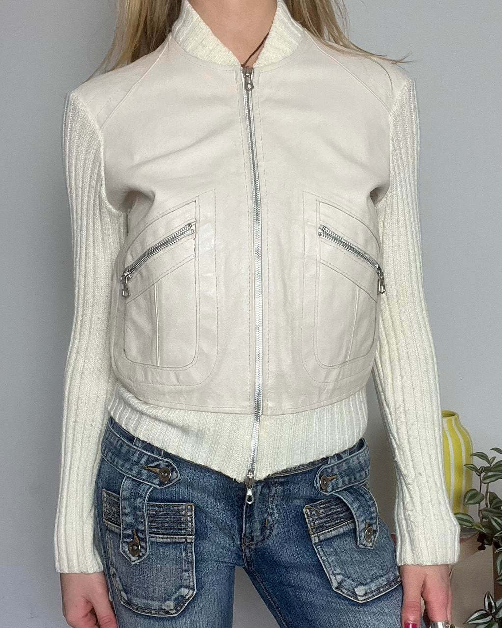 cream zip up leather jacket