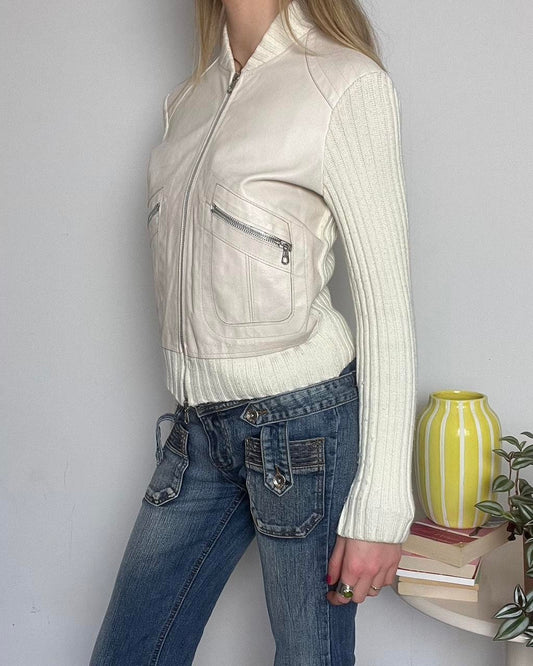 cream zip up leather jacket