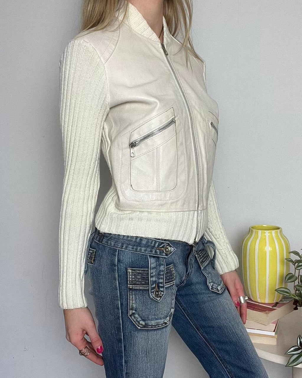 cream zip up leather jacket