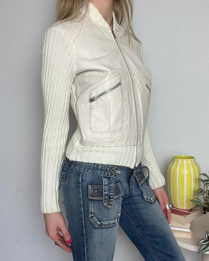 cream zip up leather jacket