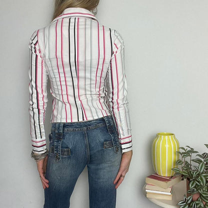 white & pink striped button up fitted shirt