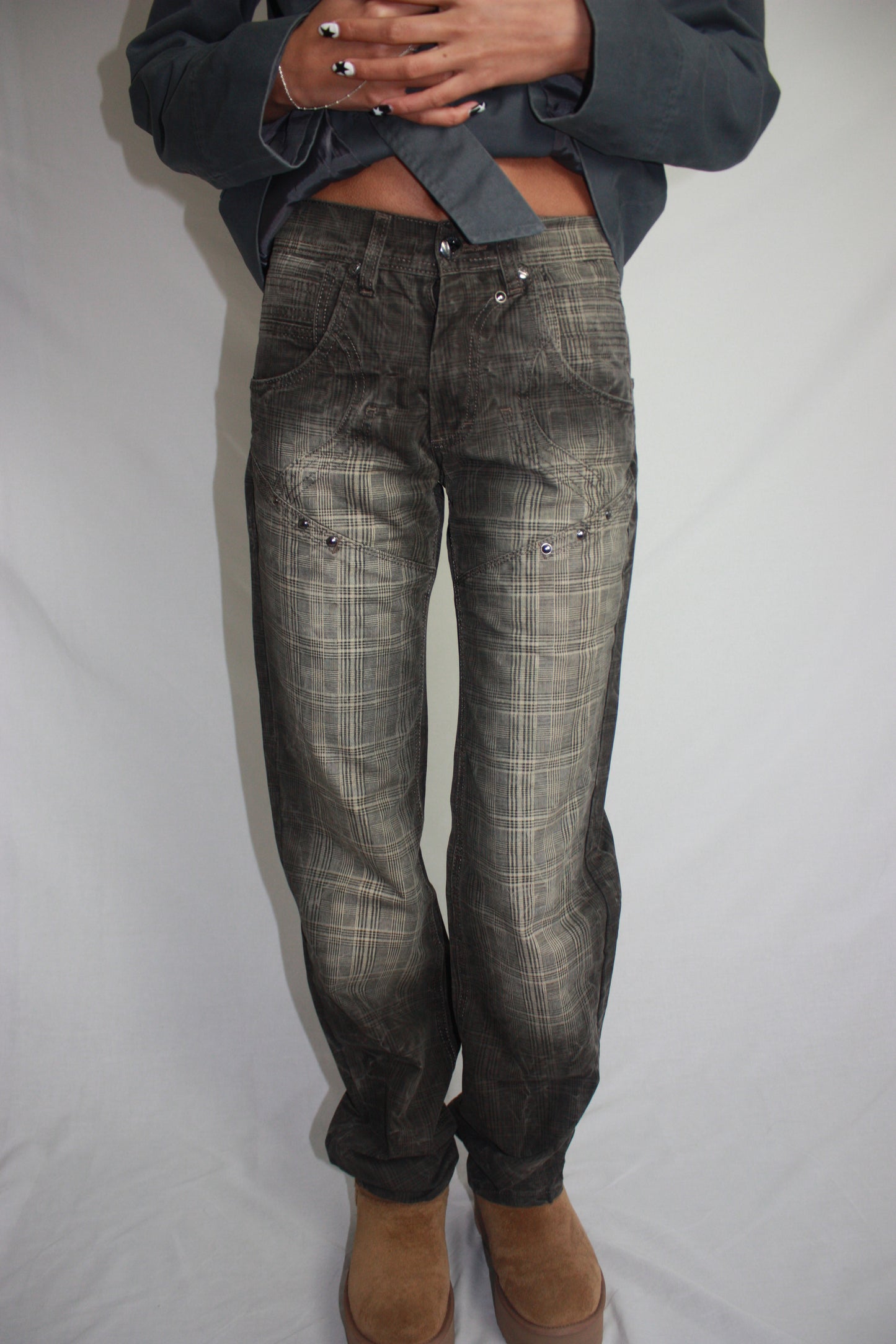 plaid studded jeans, S