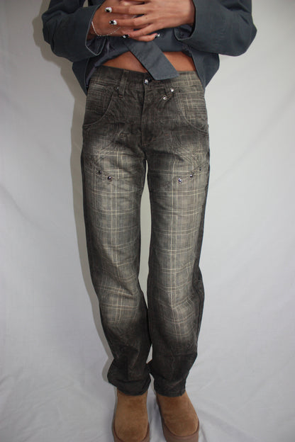 plaid studded jeans, S