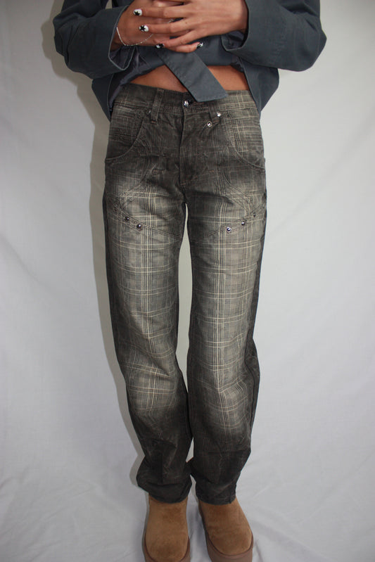 plaid studded jeans, S