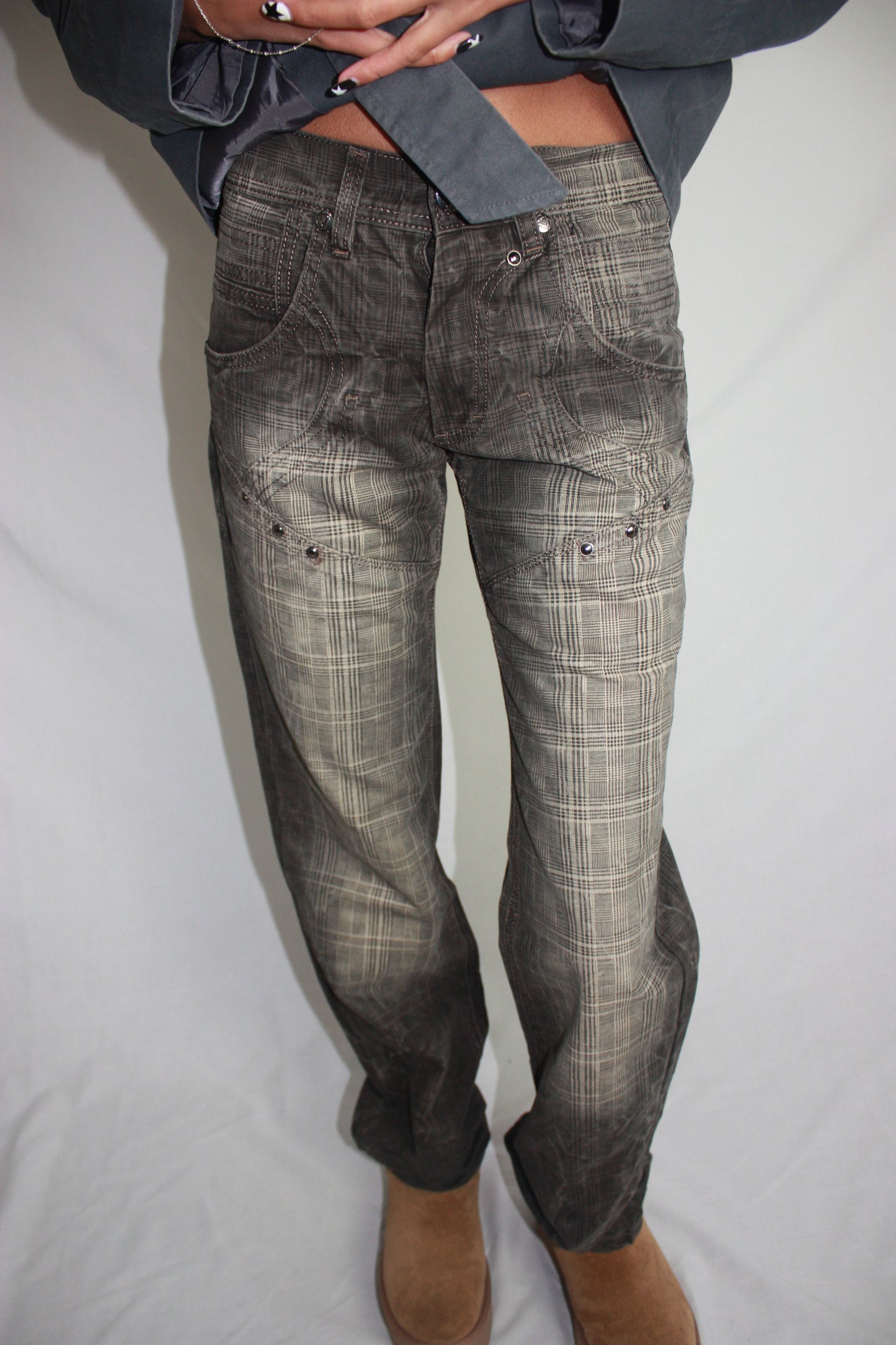 plaid studded jeans, S