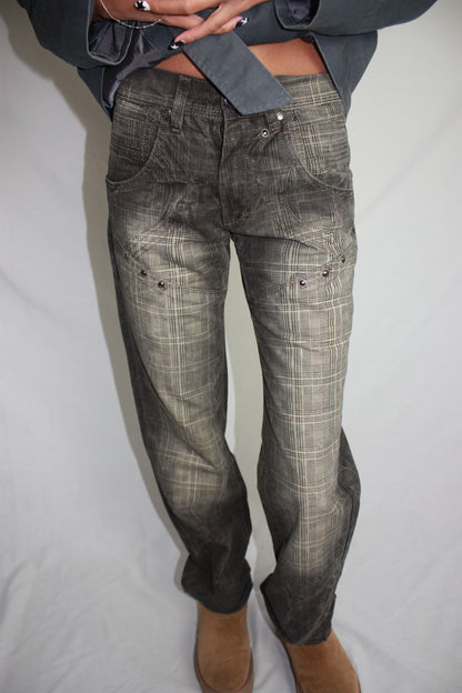 plaid studded jeans, S