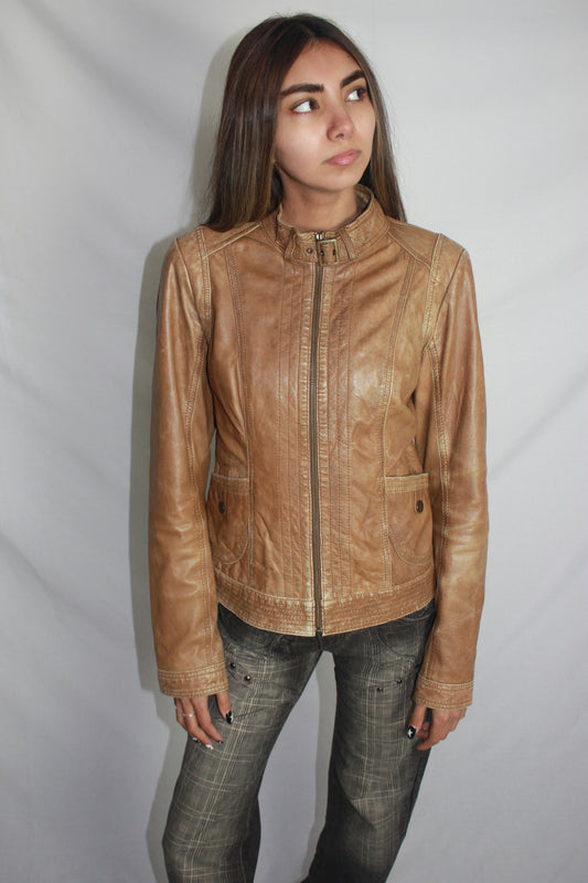 promod brown leather jacket, S/M