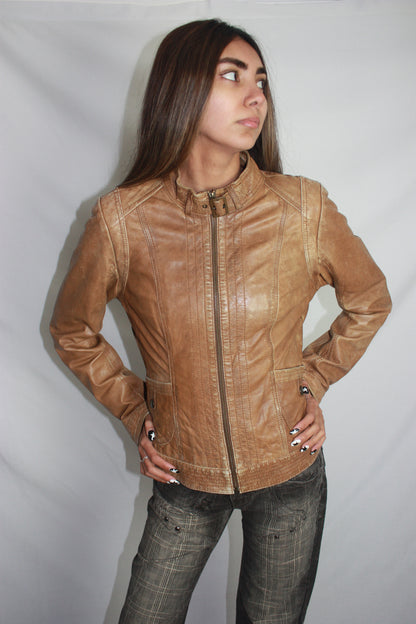 promod brown leather jacket, S/M