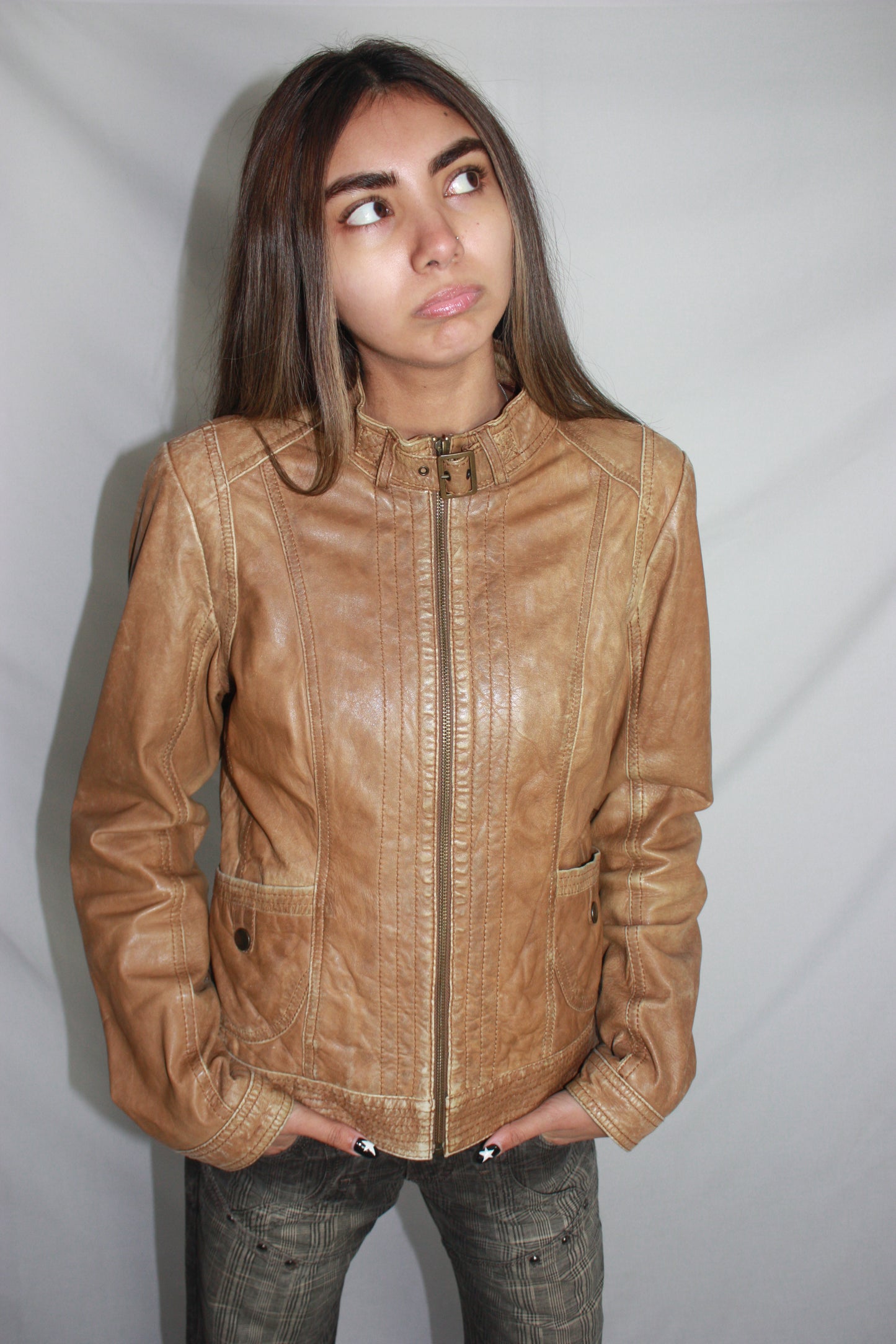 promod brown leather jacket, S/M