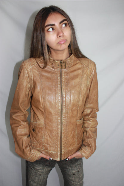 promod brown leather jacket, S/M