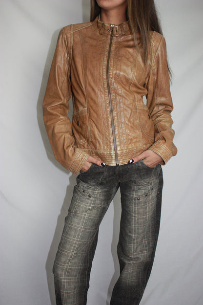 promod brown leather jacket, S/M