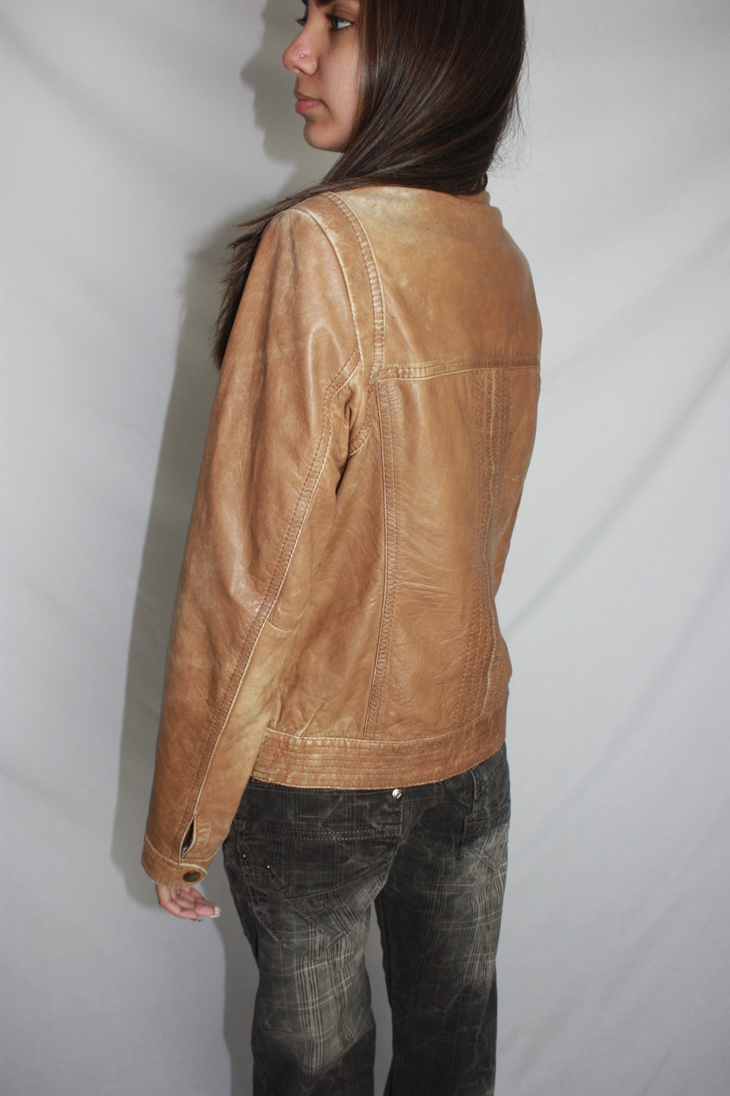 promod brown leather jacket, S/M